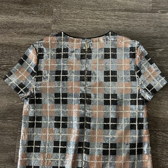 NWOT Kate Spade Sequin Plaid Shift Dress Pumice 4 V Neck Short Sleeve Party Mini - Picture 9 of 16
